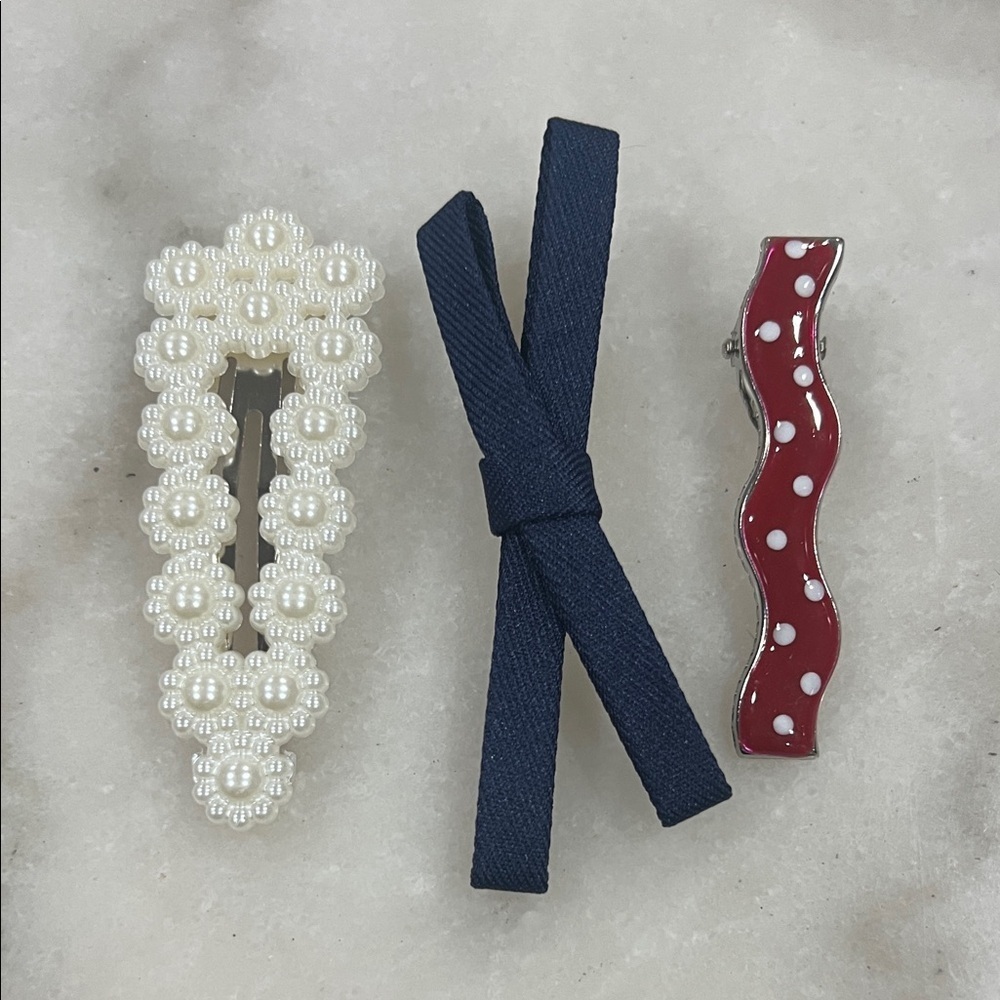 Pearl Flower, Navy Bow & Red Polka Dot Hair Clip Set